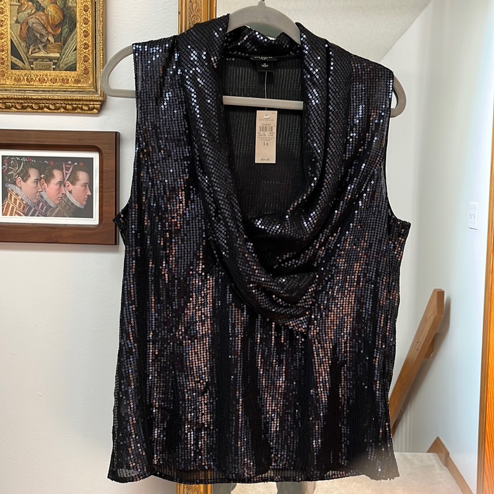 ANN TAYLOR sequin black blouse, size 14, new with tag.